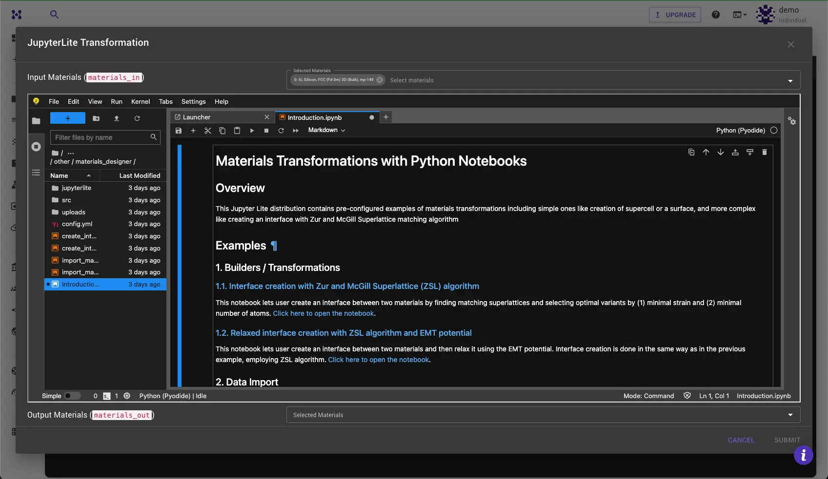 JupyterLite Transformation dialog with Introduction.ipynb opened